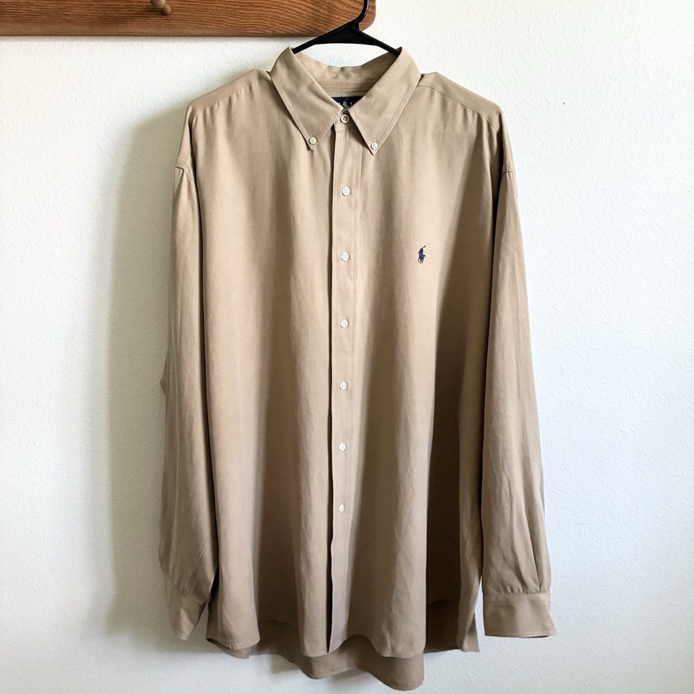 Ralph Lauren Blake Silk Cotton Long Sleeve Preppy Button Shirt Tan Mens XL - Picture 2 of 4